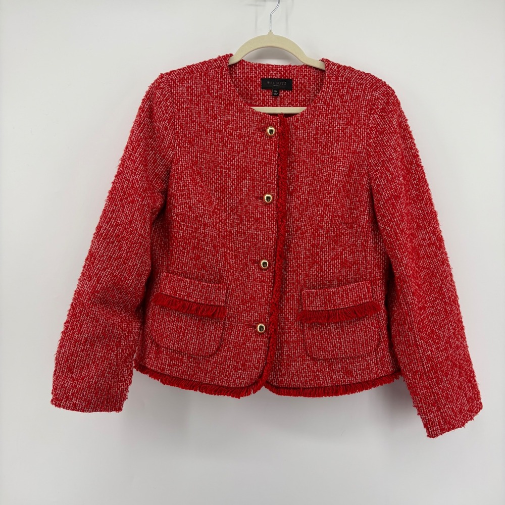 Talbots Womens 12P Red Tweed Blazer Fringe Trim Gold Button Collarless Jacket‎